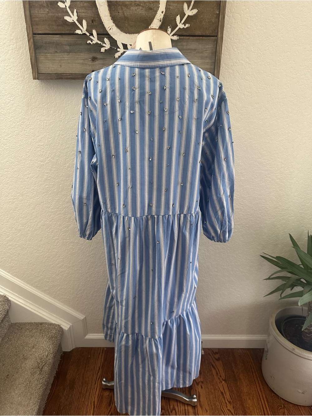 Anthropologie Blue and White Striped Shirt dress with rhinestones size L NWT - Picture 2 of 7